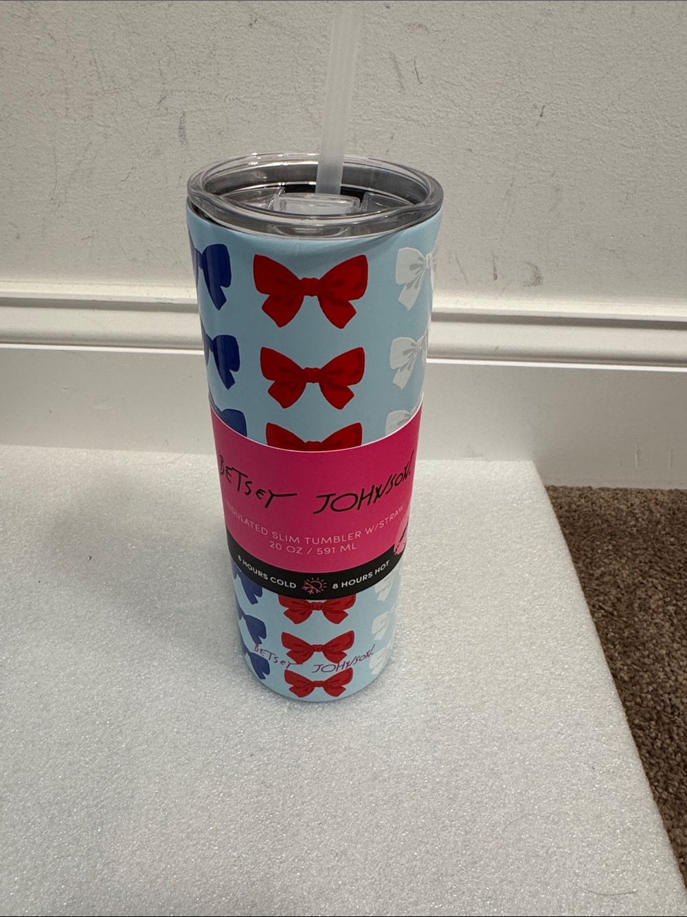 Betsey Johnson Light Blue insulated Tumbler with Red, Navy & White Bows 20ozs